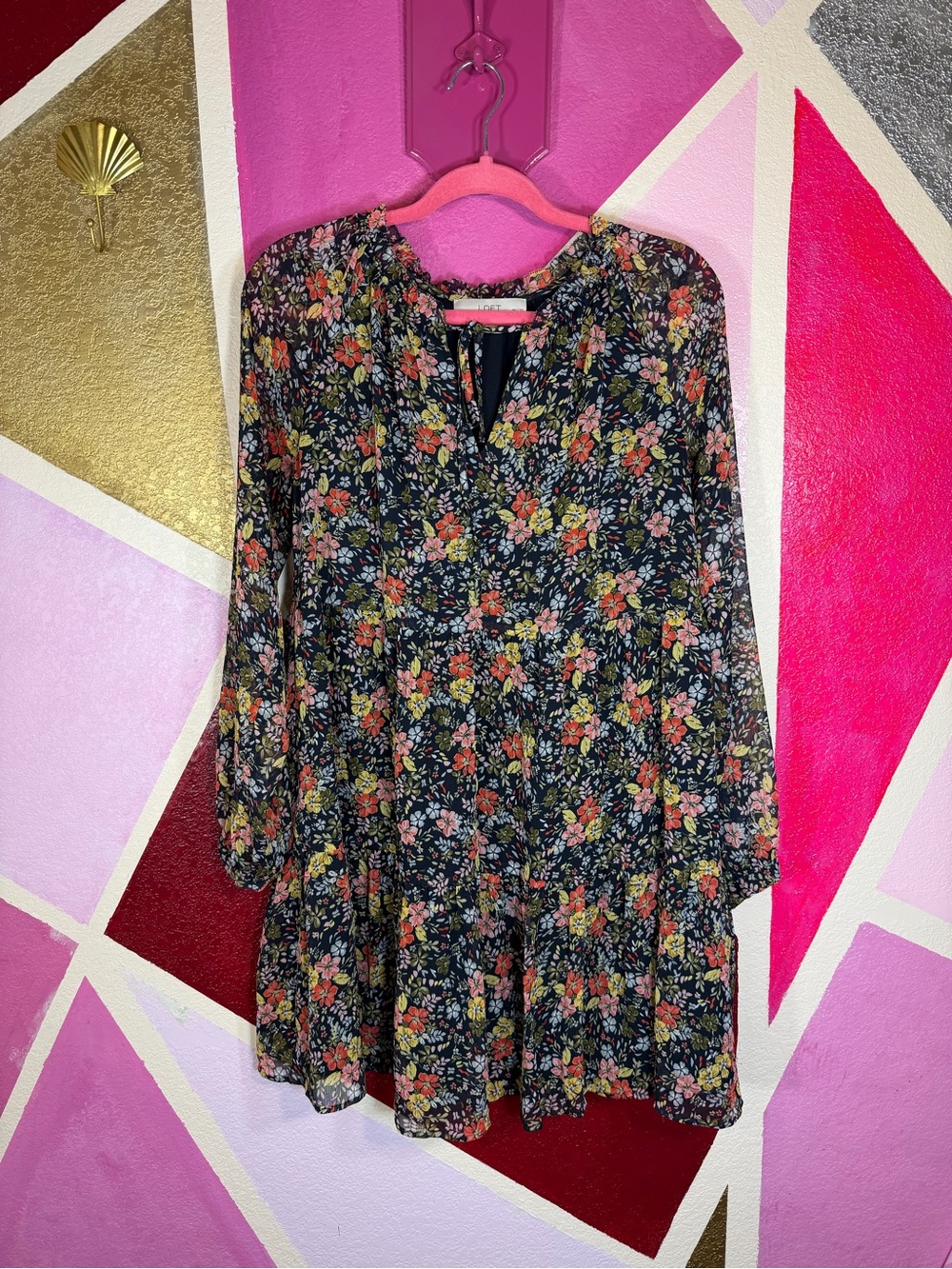 LOFT Petites Navy Floral Chiffon Tiered Babydoll Dress Ruffle Neck MP